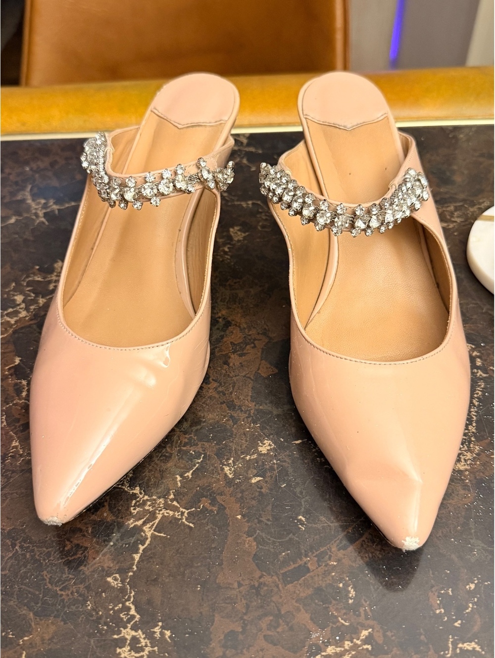 Beige Pointed Toe Mules with Rhinestone Embellished Strap